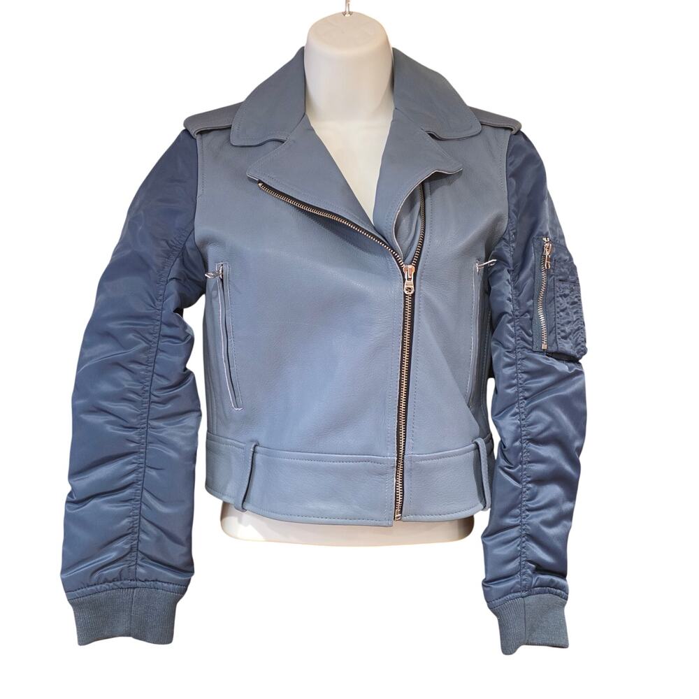 Sandro blue leather and satin sleeve bomber moto jacket‎ sz 1 / XS